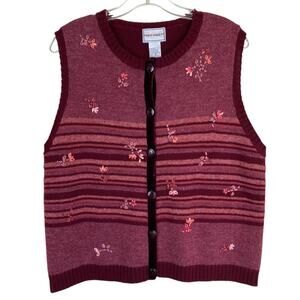 Napa Valley Sz M 90s Vintage Burgundy Sweater Vest Velvet Trim Satin Flowers